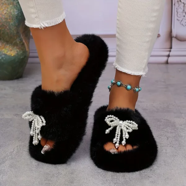 Chaussons femme en peluche douce avec semelle épaisse et nœud décoratif