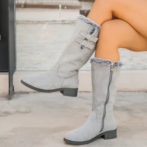 Bottes femme rétro à talon bas avec fausse fourrure et zip – style hivernal chic