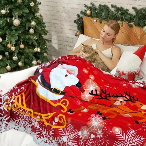 Plaid polaire de Noël doux – motif renne et flocons pour canapé ou lit