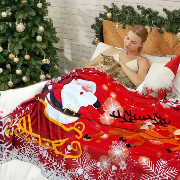 Plaid polaire de Noël doux – motif renne et flocons pour canapé ou lit