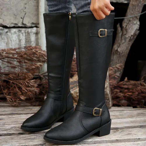 Bottes cavalières femme en cuir avec boucle latérale et fermeture zippée