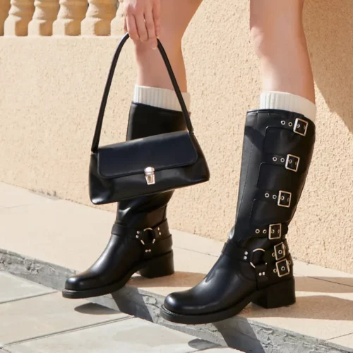 Bottes cavalières femme grand mollet – cuir synthétique style équestre élégant