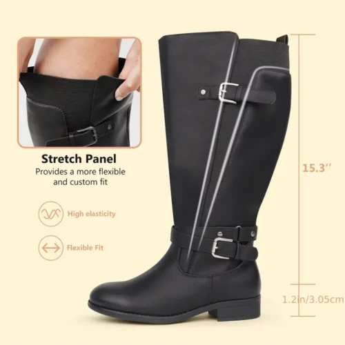 Bottes cavalières femme en cuir avec boucle – talon plat et zip latéral