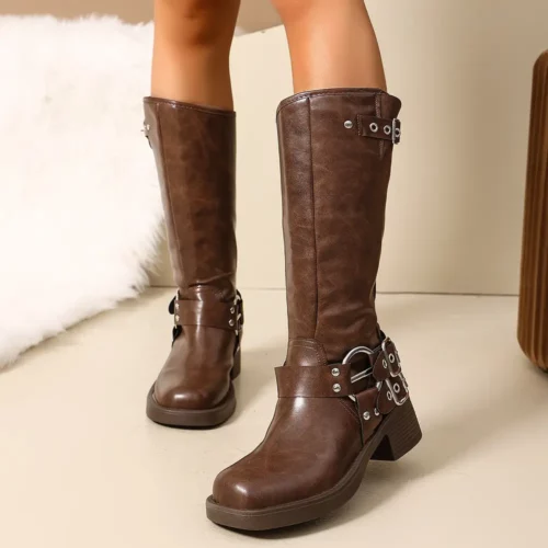 Bottes femme à talon épais – style pull-on avec boucles décoratives élégantes