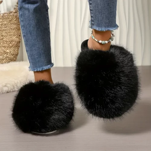 Chaussons femme en fausse fourrure douce – semelle antidérapante intérieur extérieur