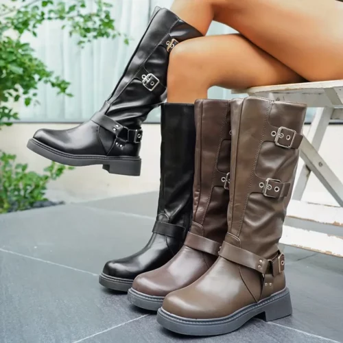 Bottes femme à talon épais avec boucle latérale – semelle antidérapante PU
