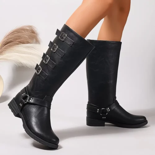 Bottes Chelsea femme à talon épais – bout rond, sangles boucle style punk