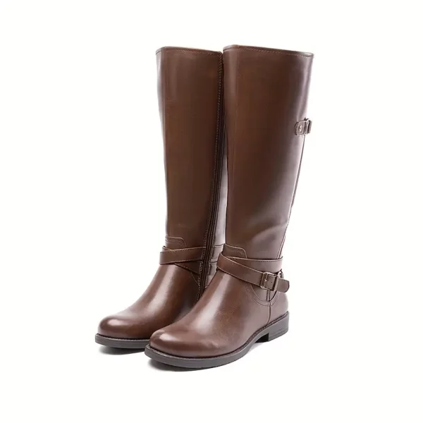 Bottes cavalières femme en cuir style western avec talon plat et boucle rétro