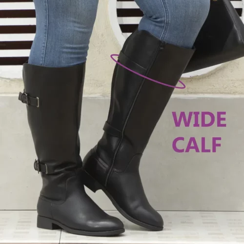 Bottes femme à tige large en simili cuir – bout rond, talon épais, style élégant