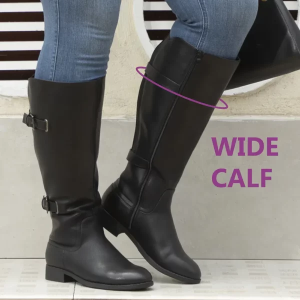 Bottes femme à tige large en simili cuir – bout rond, talon épais, style élégant
