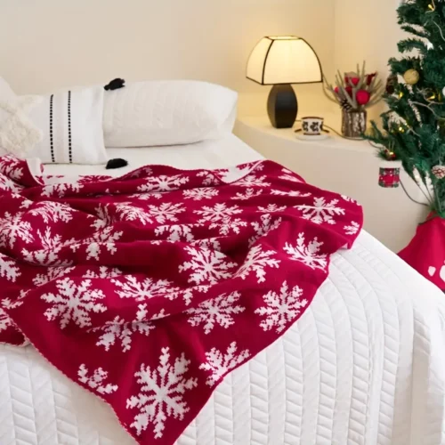Plaid de Noël tricoté motif renne et flocon – déco chaleureuse festive