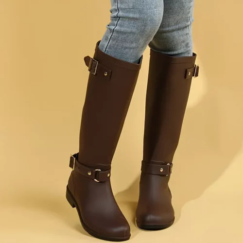 Bottes cavalières femme en cuir PU avec boucle et talon bas – confort moto