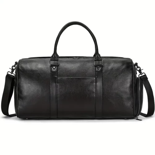 Sac de voyage en cuir véritable avec compartiment chaussures – noir imperméable