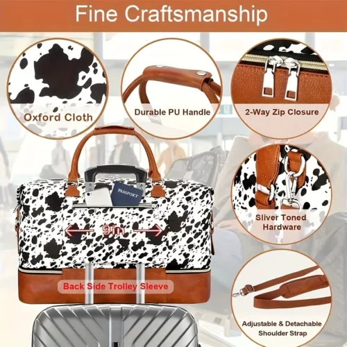 Sac week-end femme avec compartiment chaussures – motif vache – 3 pièces