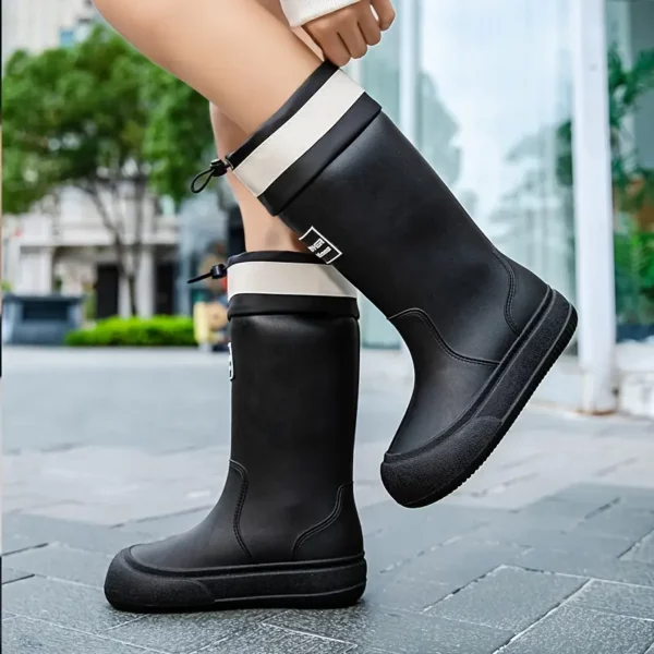 Bottes de pluie femme en caoutchouc avec semelle épaisse et nœud décoratif