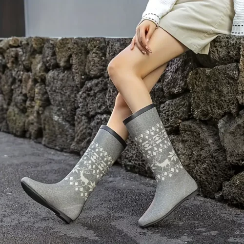 Bottes de pluie femme en caoutchouc avec motif cerf – semelle antidérapante