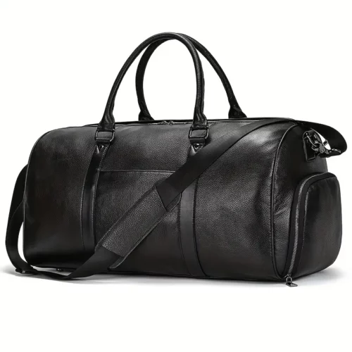 Sac de voyage en cuir véritable avec compartiment chaussures – noir imperméable