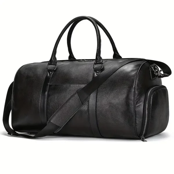 Sac de voyage en cuir véritable avec compartiment chaussures – noir imperméable