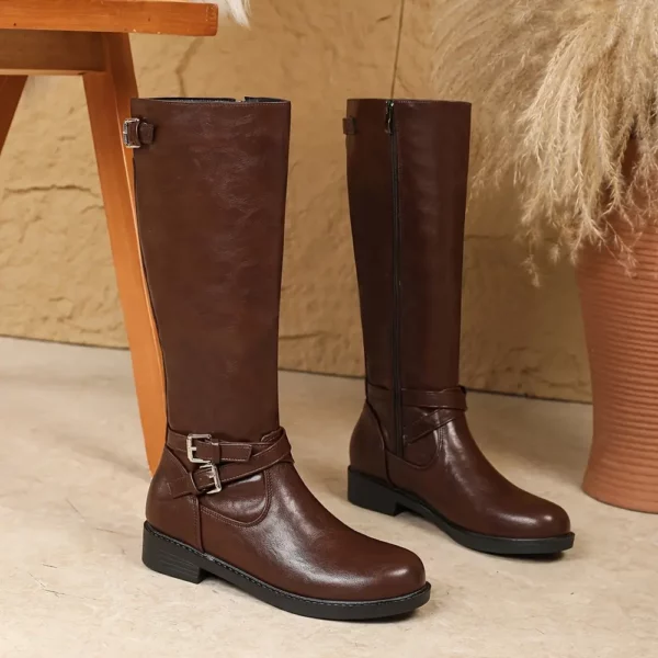 Bottes cavalières femme en cuir avec double boucle et fermeture latérale