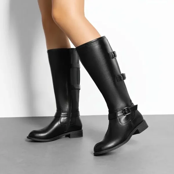 Bottes cavalières femme à talon plat – cuir PU marron avec boucle élégante