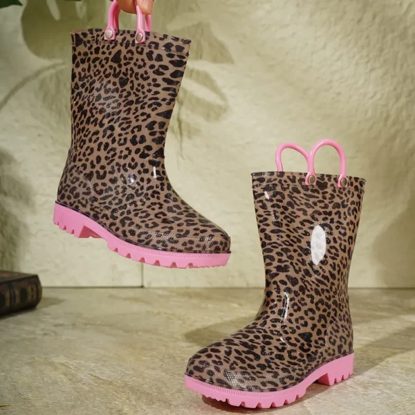 Bottes de pluie femme en caoutchouc imprimé léopard avec poignées contrastées