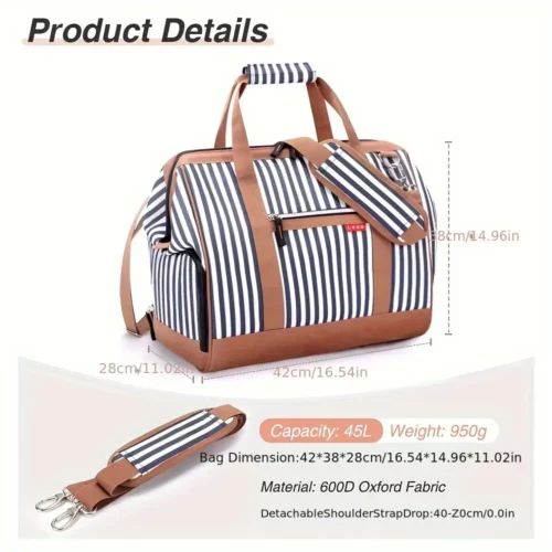 Sac week-end femme avec compartiment chaussures – ouverture large rayé bleu