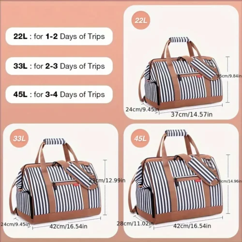 Sac week-end femme avec compartiment chaussures – ouverture large rayé bleu