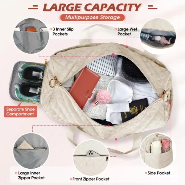 Sac de voyage femme matelassé avec compartiment chaussures et trousse assortie