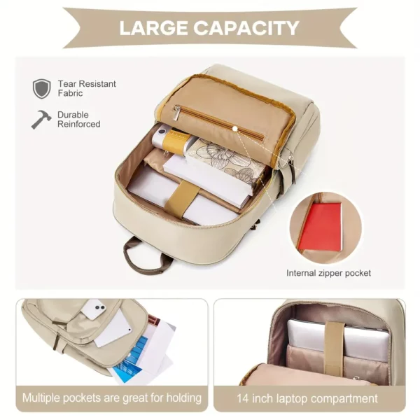 Sac à dos femme élégant pour ordinateur – léger, compartiments multiples, beige