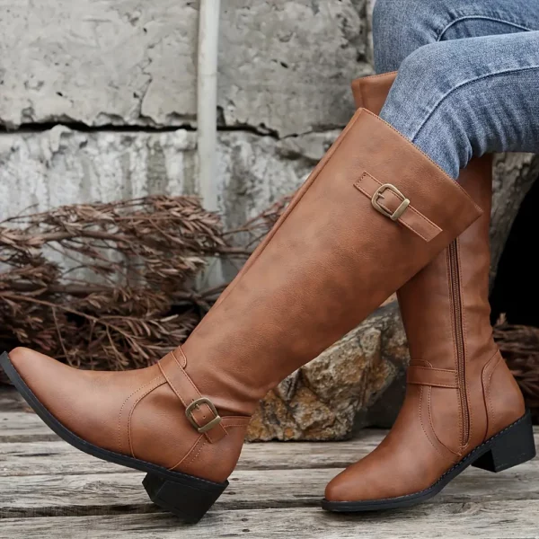 Bottes cavalières femme en cuir avec boucle latérale et fermeture zippée
