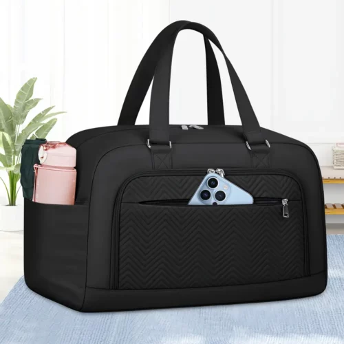 Sac week-end femme en polyester noir avec compartiment à chaussures zippé