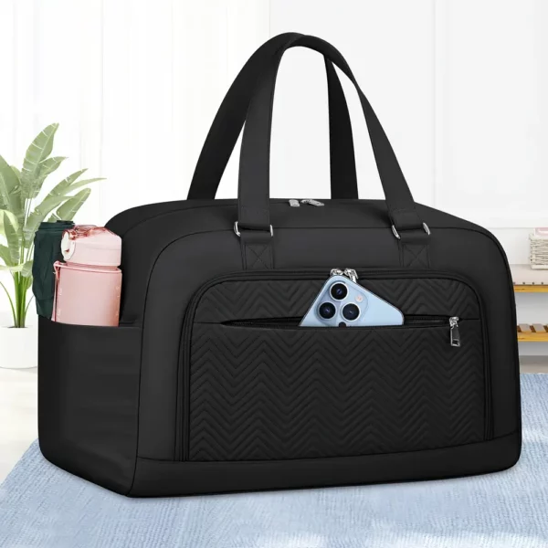 Sac week-end femme en polyester noir avec compartiment à chaussures zippé