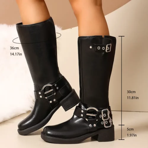 Bottes femme à talon épais – design mi-mollet avec boucles décoratives pull-on