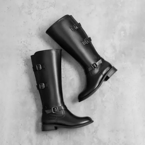 Bottes femme à talon bas avec zip latéral – style équestre rétro dépliable