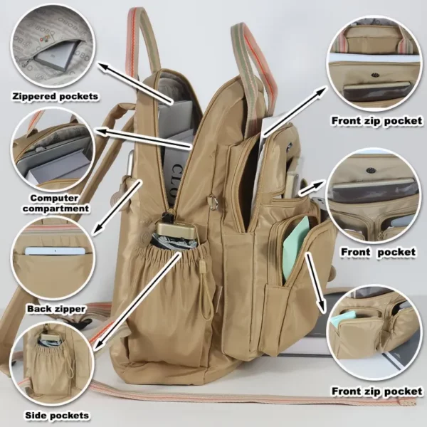 Sac à dos femme nylon léger – multi-poches, idéal ville, voyage, travail