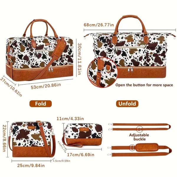 Sac week-end femme avec compartiment chaussures – motif vache – 3 pièces