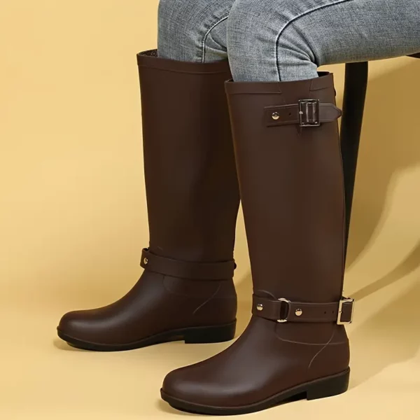 Bottes cavalières femme en cuir PU avec boucle et talon bas – confort moto