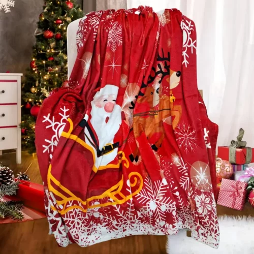 Plaid polaire de Noël doux – motif renne et flocons pour canapé ou lit