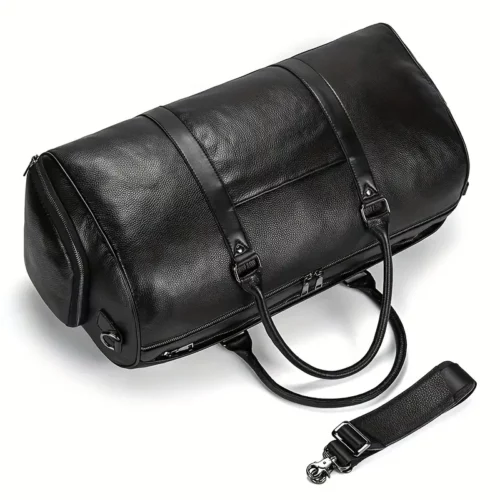 Sac de voyage en cuir véritable avec compartiment chaussures – noir imperméable