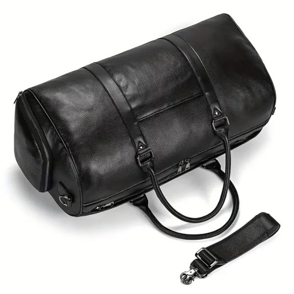 Sac de voyage en cuir véritable avec compartiment chaussures – noir imperméable