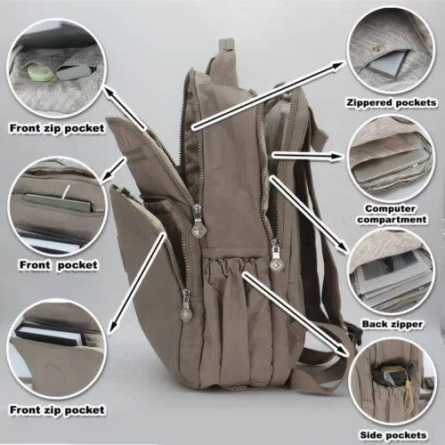 Sac à dos femme en nylon léger – multi-poches, durable et stylé pour voyage