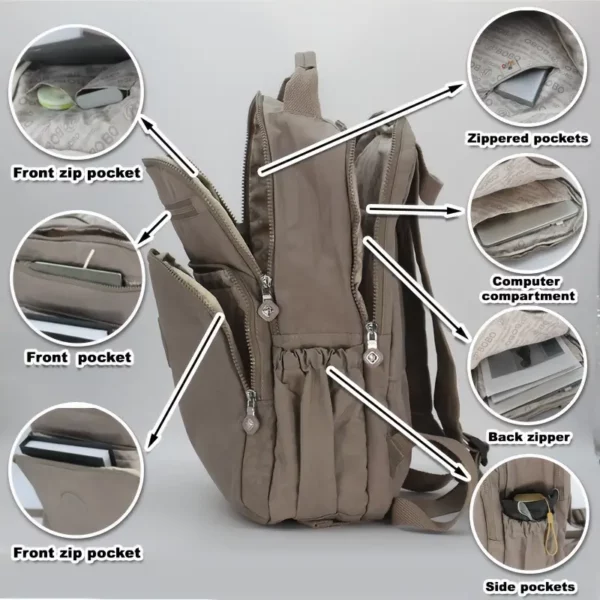 Sac à dos femme en nylon léger – multi-poches, durable et stylé pour voyage