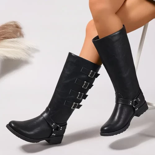 Bottes Chelsea femme à talon épais – bout rond, sangles boucle style punk