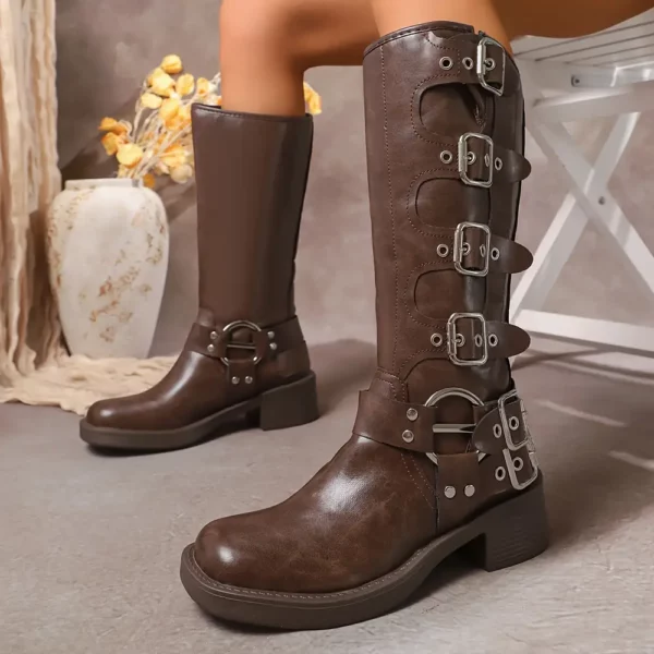 Bottes cavalières femme en cuir synthétique avec boucles – doublure confort