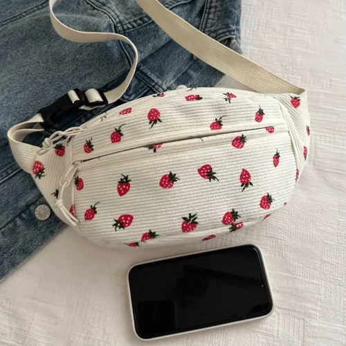 Sac banane femme en velours côtelé motif fraise – bandoulière tendance quotidienne