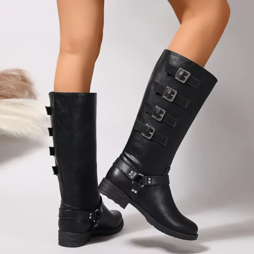 Bottes Chelsea femme à talon épais – bout rond, sangles boucle style punk