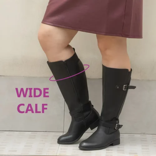 Bottes cavalières femme en cuir avec boucle – talon plat et zip latéral
