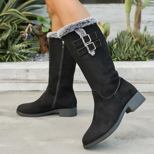 Bottes femme rétro à talon bas avec fausse fourrure et zip – style hivernal chic