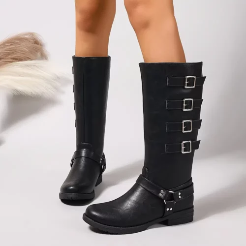 Bottes Chelsea femme à talon épais – bout rond, sangles boucle style punk