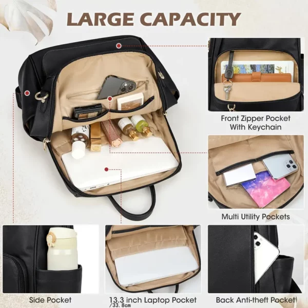 Sac à dos femme élégant en cuir synthétique avec compartiment ordinateur et pompon